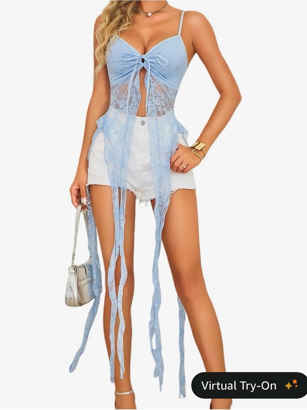 Light Blue Lace Tie-Front Sleeveless Top